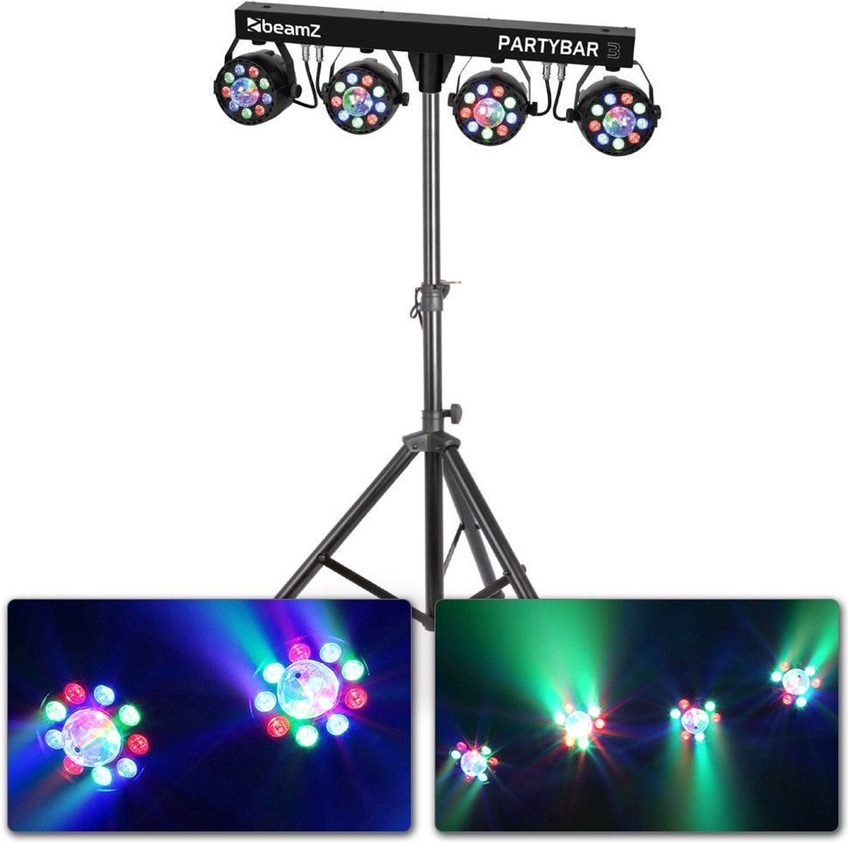 Discolampen - BeamZ PARTYBAR3 - Vier lichteffecten op statief - 4x PAR spot + 4x gekleurde Magic discobal - Complete set! - BeamZ