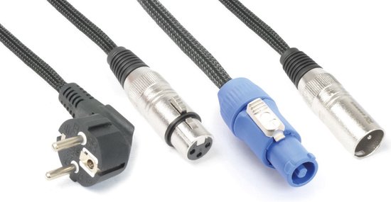 Gevlochten combikabel met geaarde stekker, XLR-connectoren en een blauwe PowerCon-connector op een witte achtergrond.