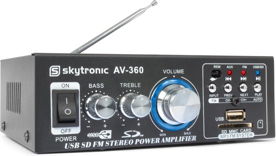 Stereo versterker - SkyTronic AV-360 compacte stereo versterker 2x 40W met mp3 speler, radio en afstandsbediening - Skytronic