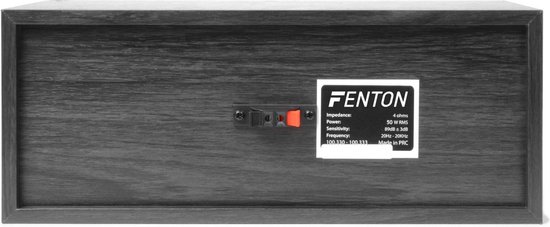 Achterkant van een zwarte speaker met een FENTON label met specificaties.