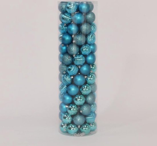 100 Onbreekbare kerstballen in koker diameter 6 cm blauw watermeloen