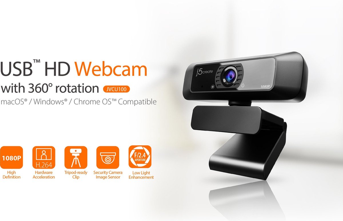 j5create JVCU100-N USB HD Webcam met 360° Rotatie