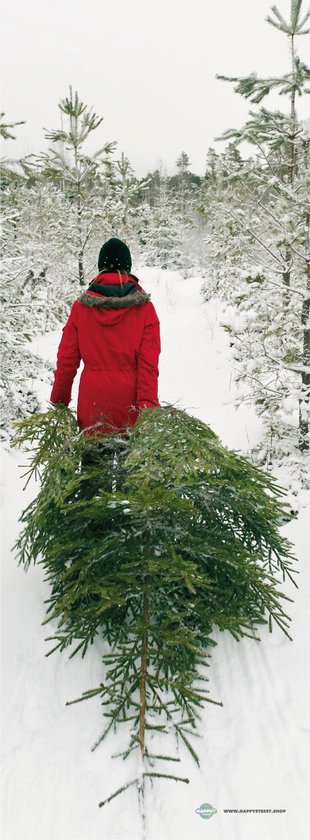 Deursticker Man sleept kerstboom 70x190cm