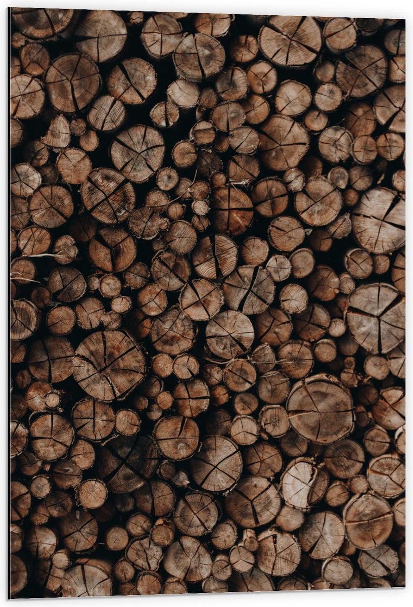 Dibond - Houten Palen Opgestapeld - 60x90cm Foto op Aluminium (Wanddecoratie van metaal)