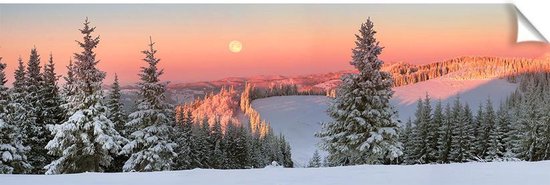 Kerstdorp achtergrond - 65x195 cm - pvc - zonsopkomst - bomenrij - kerst poster - winter poster - winterlandschap - kerstversiering - winterlandschap - kerstinterieur - modeltreinen