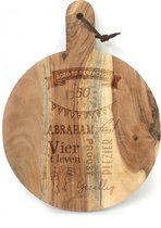 Ronde snijplank/borrelplank met tekst gravure ABRAHAM. Origineel cadeau voor een man die 50 jaar wordt. Het formaat is 40x30cm incl. handvat en 30cm doorsnede excl. handvat