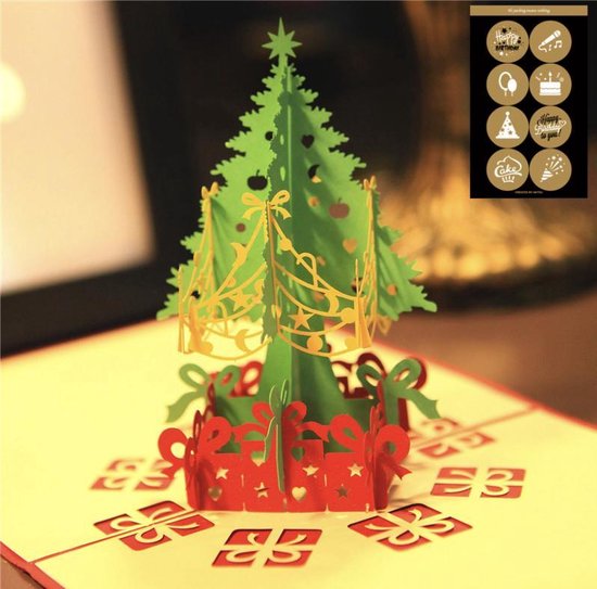 Foto: 2 x kerstkaart kerstboom merry christmas pop up wenskaart incl enveloppen 8 feestelijke sluitzegels complete set