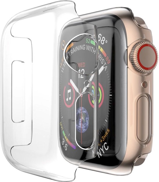 Door deels doorzichtige hoes over een gouden Apple Watch met wit bandje, met schermdetails.