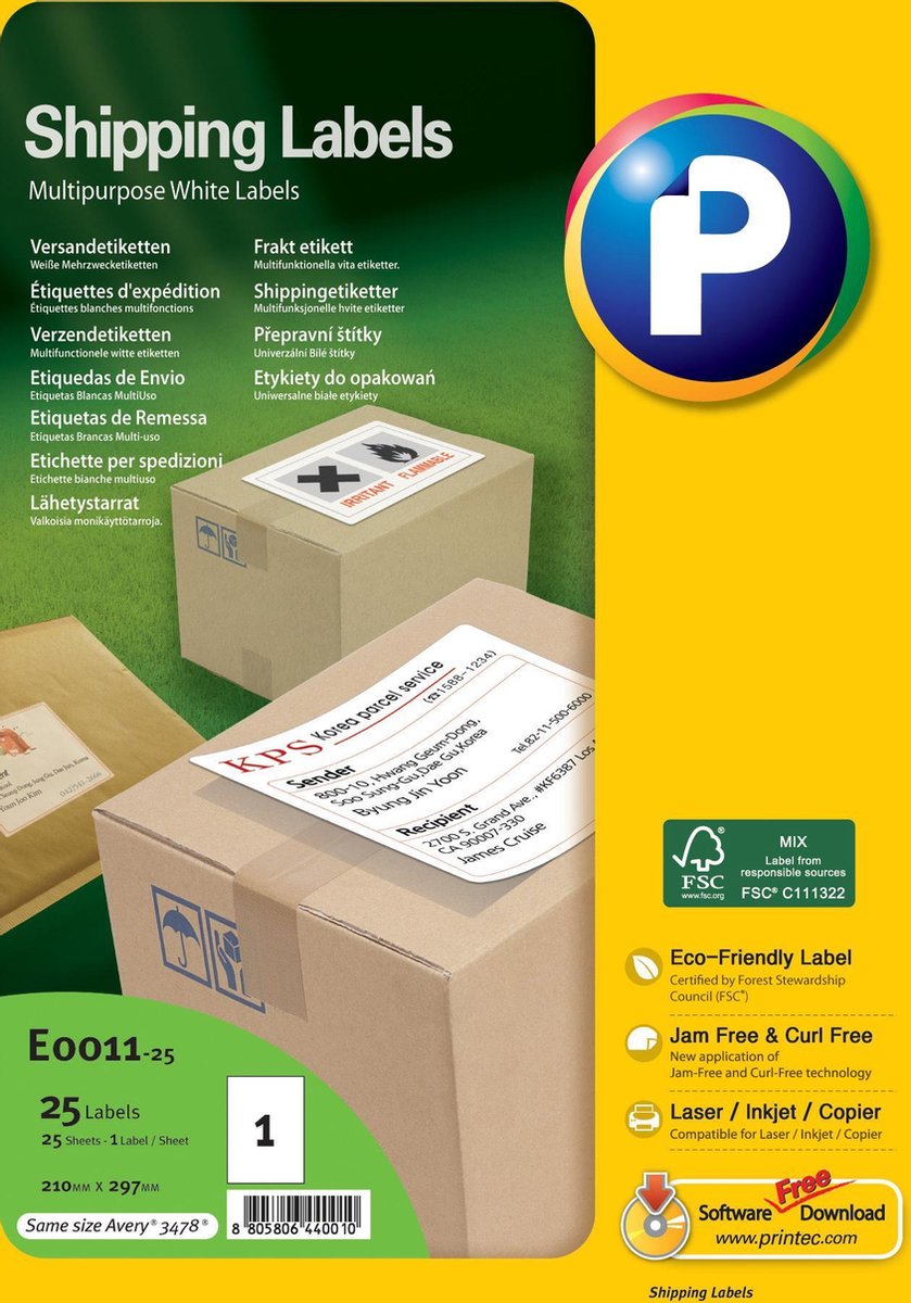 Printec Verzend etiketten 25 vel 210x297mm 1 label per A4 25