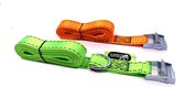 JUMBO 2-in-1 kofferbak spanband set 3 meter DIY, 25mm, met D-ring in signaal groen met waarschuwingsvlag en 3m, 25mm spanband met klemgesp in signaal oranje.