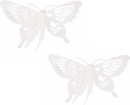 4x stuks kerstboomversiering witte glitter vlinders op clip 15 cm