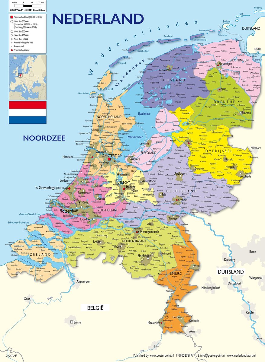 XXL Nederland kaart poster uitgave 2021 – 100x140cm – UV-lak - Luxe uitvoering - extra large - wanddecoratie - Posterpoint - Nederland kaart.nl