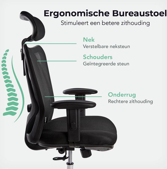LifeGoods Ergonomische Bureaustoel - Office Chair - Volwassenen - Verstelbaar - Hoofdsteun - Zwart/Chroom - LifeGoods