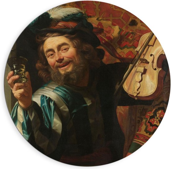 Dibond Wandcirkel - Oude meesters - Een vrolijke vioolspeler, Gerard van Honthorst, 1623 - 90x90cm Foto op Aluminium Wandcirkel (met ophangsysteem)