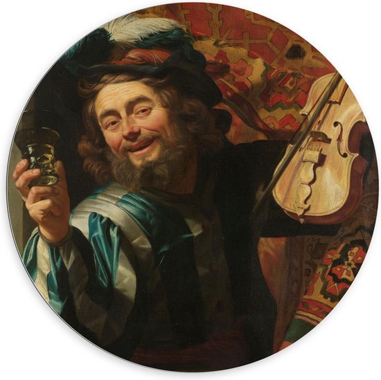 Dibond Wandcirkel - Oude meesters - Een vrolijke vioolspeler, Gerard van Honthorst, 1623 - 100x100cm Foto op Aluminium Wandcirkel (met ophangsysteem)