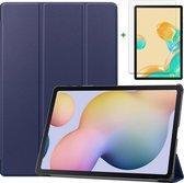 Samsung Galaxy Tab S7 Hoes Donker Blauw & Screenprotector - Trifold Tablet Case & Tempered Glass