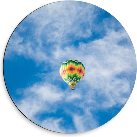 Dibond Wandcirkel - Mooie Luchtballon in Blauwe Lucnt - 50x50cm Foto op Aluminium Wandcirkel (met ophangsysteem)