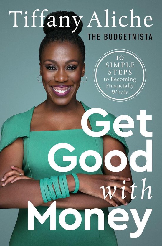Vrouw met donker haar, lachend in een groene jurk, met de tekst 'Get Good with Money' op de voorkant.