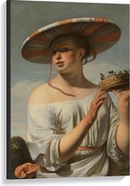 Canvas  - Oude meesters - Meisje met brede hoed, Caesar Boëtius van Everdingen - 60x90cm Foto op Canvas Schilderij (Wanddecoratie op Canvas)