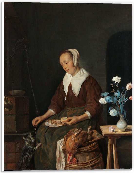 Forex - Oude meesters - Het ontbijt van de kat, Gabriël Metsu - 30x40cm Foto op Forex
