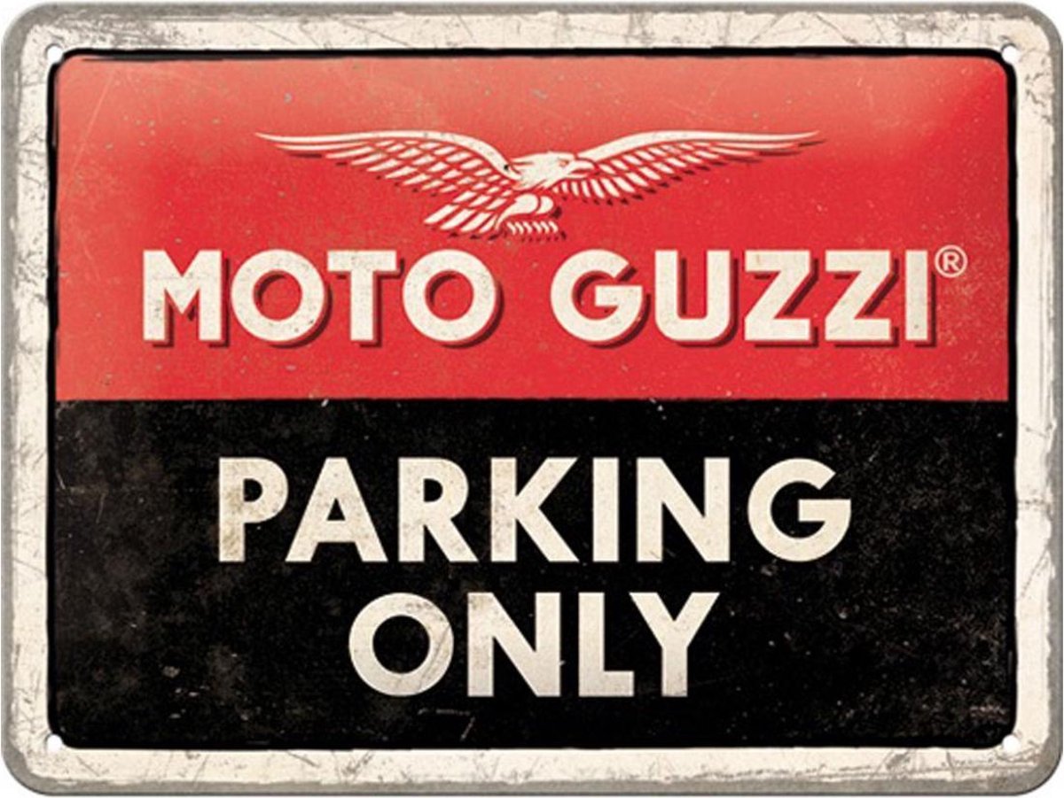 Moto Guzzi parking Only. Metalen wandbord in reliëf 15 x 20 cm. multi