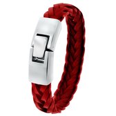 Lucardi - Heren Armband gevlochten leer rood - Leer - Armband - Cadeau - 22 cm - Zwart