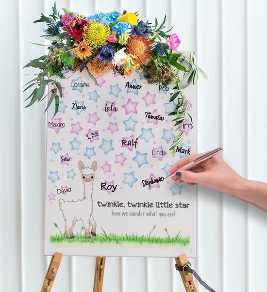 Een ingelijste poster met een lama, sterren en namen, versierd met een boeket bloemen bovenop. Een hand schrijft een naam.