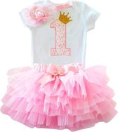 Meisjes verjaardag set 1 jaar ( 3- delig) - First birthday roze verjaardagset - Eerste verjaardag roze set - Babykleding - Leuk cadeau 1 jaar - Goude kroon - Haarband