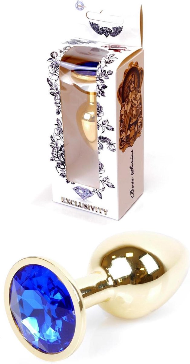Goedkoopste Bossoftoys - Gold Plug - Anal - Dark Blue Stone - 64-00023 - Length 7 Cm - Dia 2,7 Cm - gave Cadeaubox