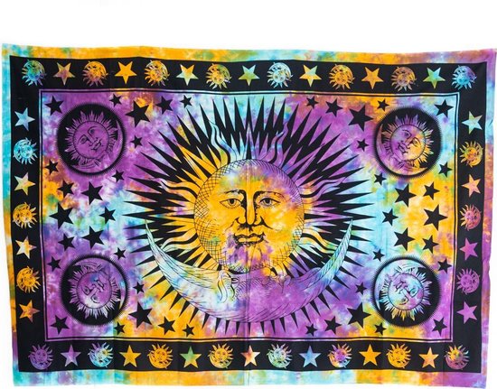 Authentiek Wandkleed Katoen met Kleurrijke Zon & Maan (215 x 135 cm)