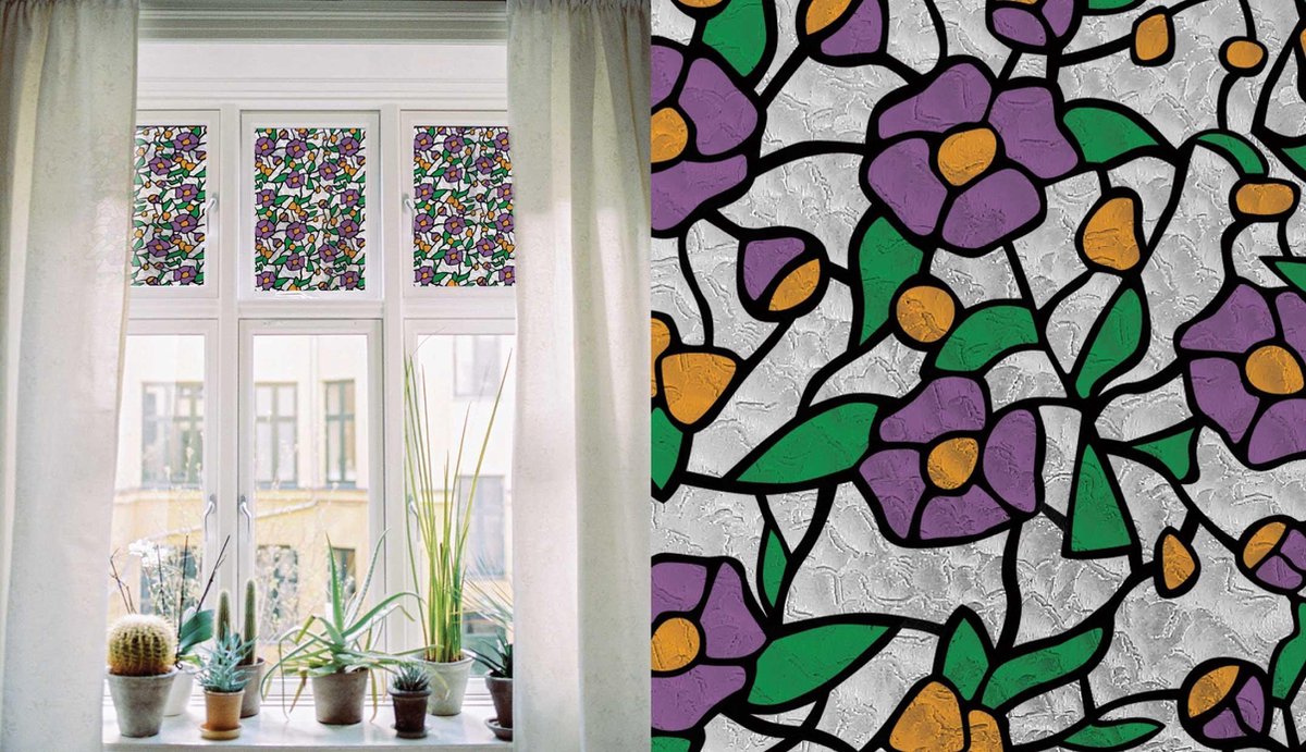 Raamfolie glas in lood bloemen patroon paars 45x200cm