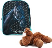 Paarden Peuter Rugzak - 28 cm - Zwart - Rugtas Kinderen zwart paard - incl. Pluche Paardenknuffel - donkerbruin paard - 20cm- speelgoed