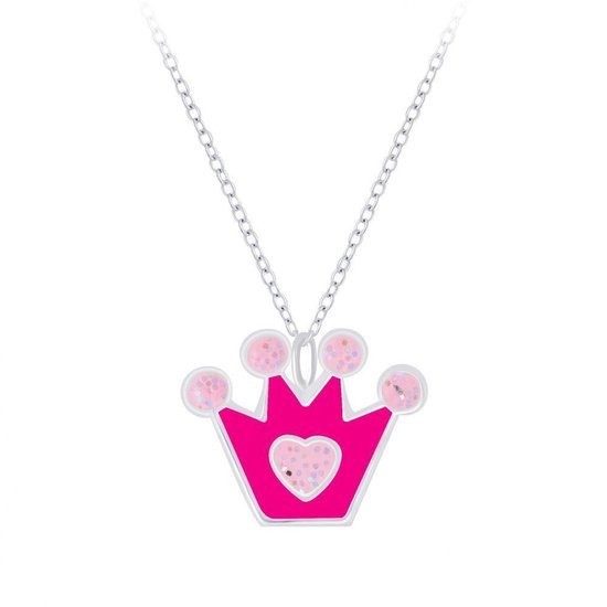 Zilveren ketting met een roze kroon hanger, hartje en glitter