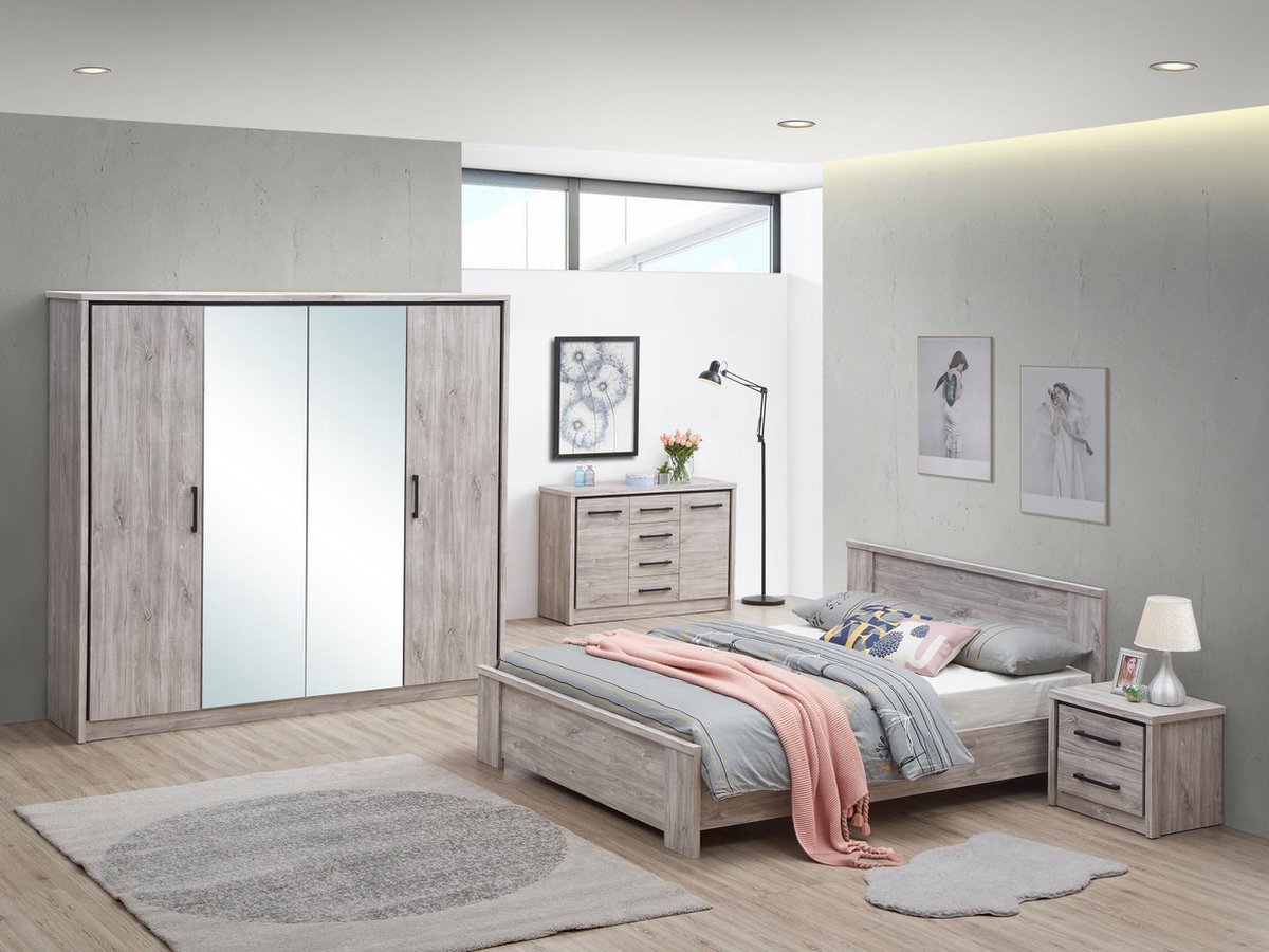 Belfurn - Elias 4 delige 2 persoons slaapkamer in grijze eik met 4 deurs kledingkast en bed van 140 x 200 cm