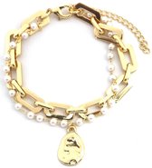 Armband Dames - Schakels en Parels - Lengte Verstelbaar 17-22 cm - Goudkleurig
