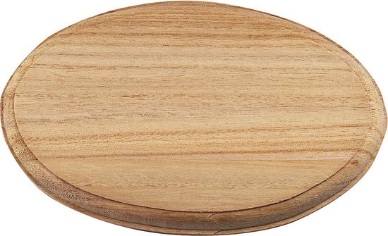 Ovalen houten naambordje van 21,5 x 14 x 1,5 cm met een natuurlijke houtnerf.