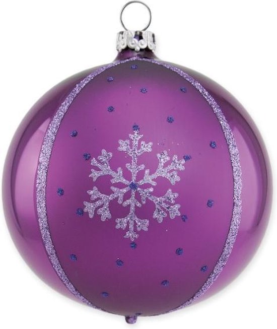 Paarse Kerstballen met Sneeuwvlok 8 cm set van 3 Handgemaakt in