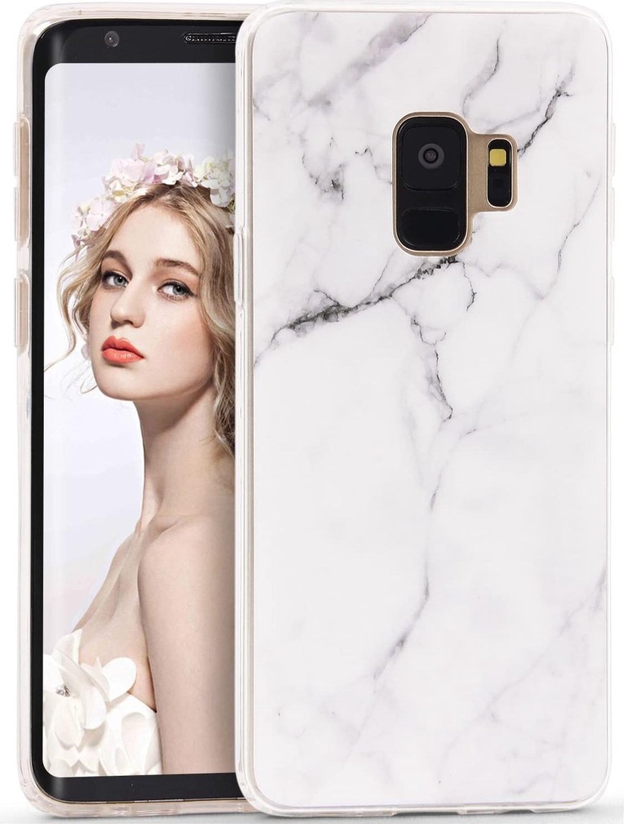 Geschikt voor Samsung Galaxy S9 hoesje - Wit / Zwart - Marmer - Soft TPU