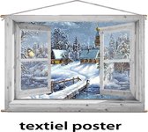 Kerst Poster - 90x60 Cm - Textiel Poster - Doorkijk Wit Venster Getekend Dorpje - Winterlandschap - Kerst Decoratie - Kerstversiering