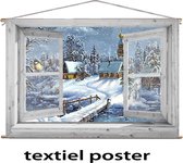 Kerst poster -  120x80 cm - textiel poster - doorkijk wit venster getekend dorpje - winterlandschap  - kerst decoratie - kerstversiering