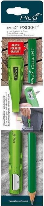 Verpakking met groene Pica POCKET, een potlood, en afbeeldingen van gebruik.