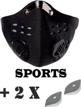Uitwasbaar 3D sporting X-tra face mask sporters mondkapje met 2x ( L+R ) uitlaatventiel, neusklem en nekbevestiging + 2 filters; ZWART