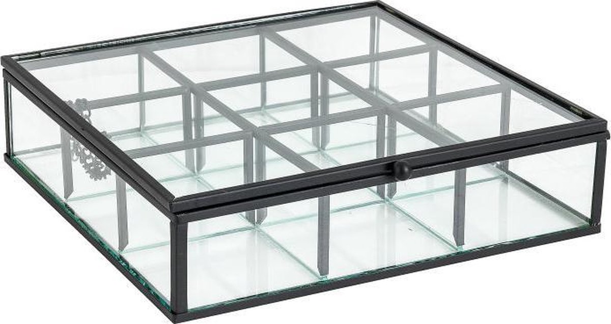H&L theedoos zwart - glas en metaal - 9 vakjes - 20 x 20 5 sieradendoos | bol.com