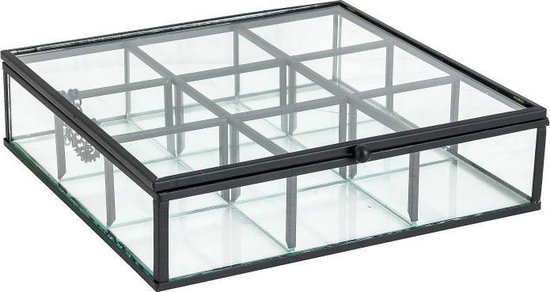 H&L theedoos zwart - glas en metaal - 9 vakjes - 20 x 20 x 5 cm - sieradendoos