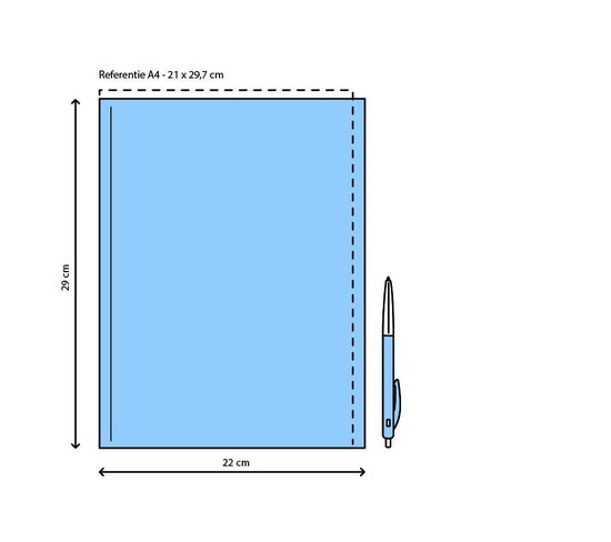 Bloc-notes bleu format A4 de 22 x 29 cm à côté d'un stylo bleu.