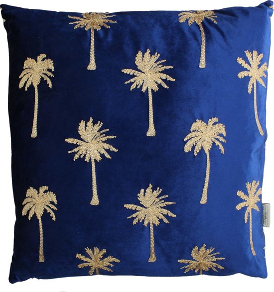 Kussen palm tree velvet blauw 60 x 60