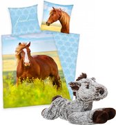 Dekbedovertrek bruin Paard , 1persoons dekbed , 140x200, incl. zachte paarden knuffel - 32 cm - donkerbruin