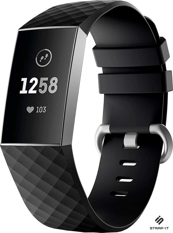Strap-it Fitbit Charge 4 silicone band - zwart - Maat: L