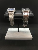 DOUBLE Watch Stand / Display / Horlogestandaard - Wit Marmer, Zwarte Standaard, Kalfsleer