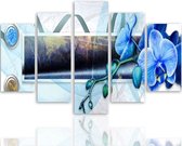 Schilderij , Blauwe Orchideeën compositie , 4 maten , 5 luik , multikleur , wanddecoratie , XXL